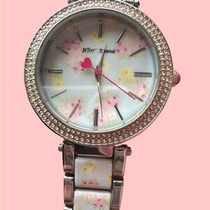 Betsey Johnson Silver Floral Rhinestone Watch with Pink Accents